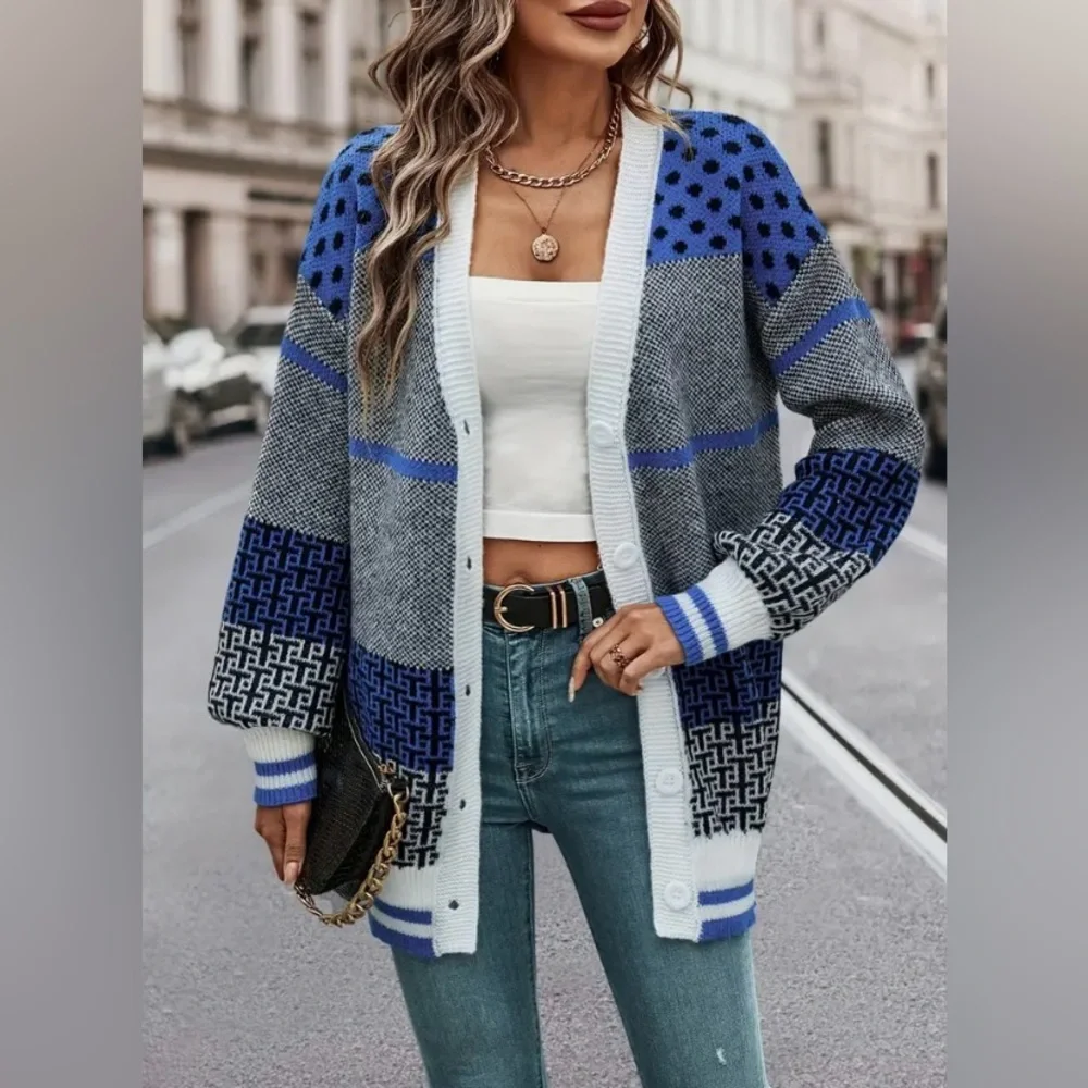 Color Block Geo Print Knit Cardigan Long Sleeve Button Front. Size: Various - Picture 7 of 7